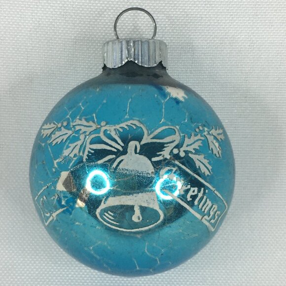 Vintage Shiny Brite Small Blue Glass Ball Stencil Christmas Greetings Ornament - Picture 3 of 9